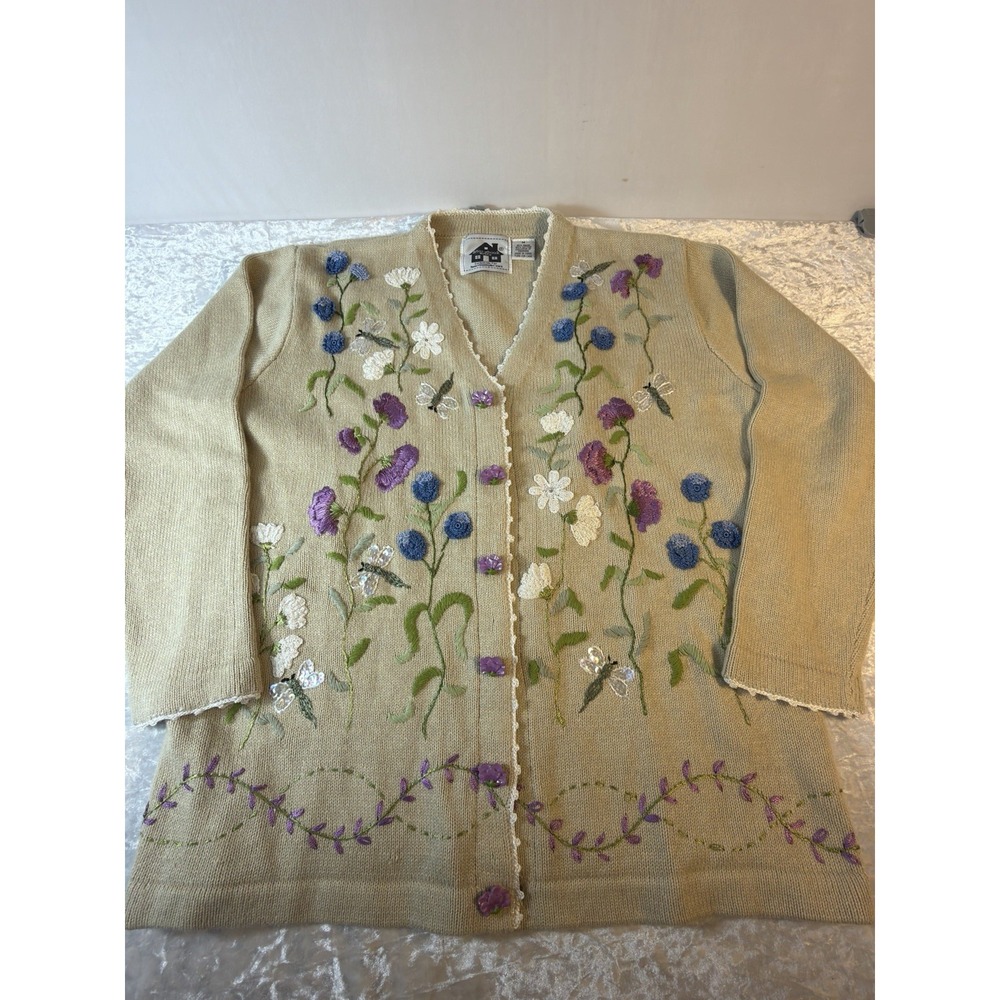 Vintage Storybook Knits Cardigan Women M Floral Embroidered Dragonfly